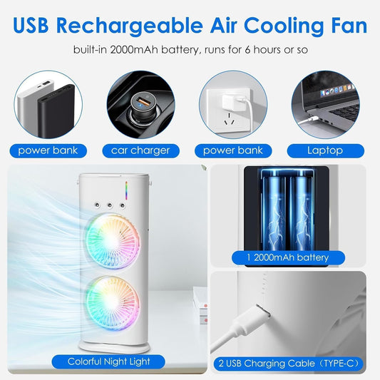 Double Ended Spray Fan, Cold Air Fan, 2025 New 3 Gears USB Rechargeable Oscillating fan with LED Light Cooler Fan, Touch & Remote Control, 280ml Water Tank, Ice Filling Fan